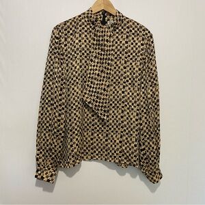 Carlisle Silk Ascot Neck Blouse Tan Black Print Size 12 Career Top Office